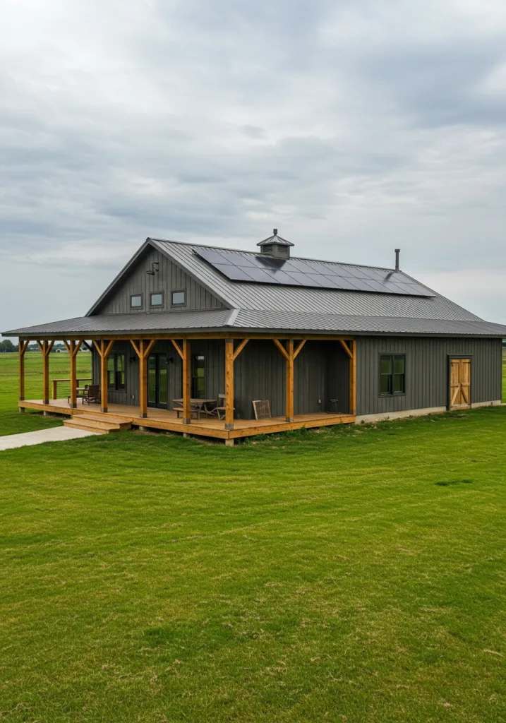 A modern barndominium with a wrap-around porch and solar panels.