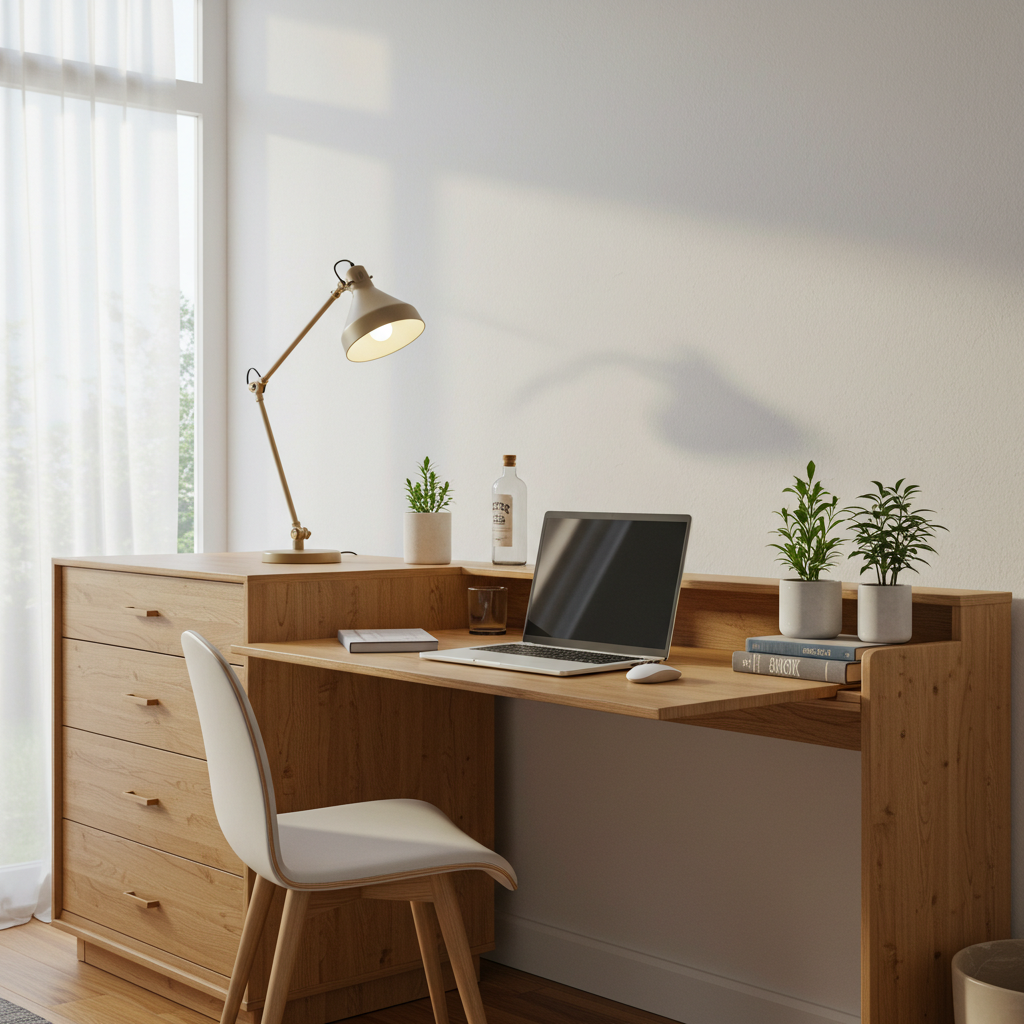 A modern dresser desk combo with a computer, lamp, and decorative plants.