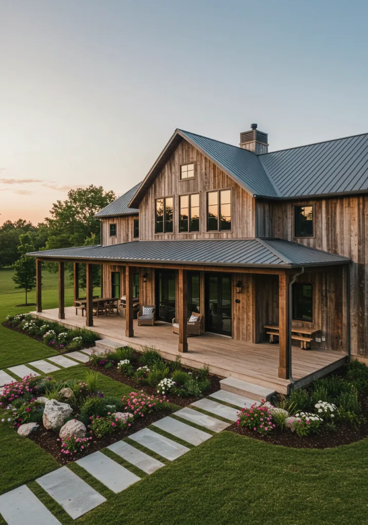Barndominium with a spacious wrap around porch surrounded by greenery