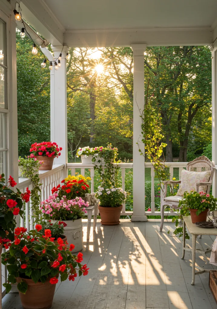 A beautifully decorated wrap-around porch with various plants and flowers in pots.
