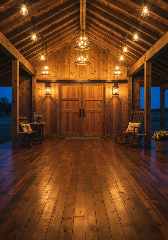 Interior view of a barndominium's porch showing wooden flooring, a door, and decor.
