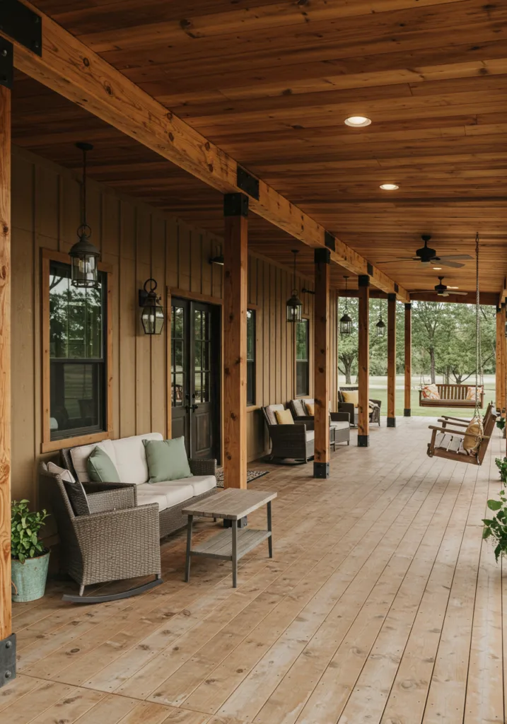 A barndominium with a beautiful wrap-around porch featuring comfortable seating and decorative elements.