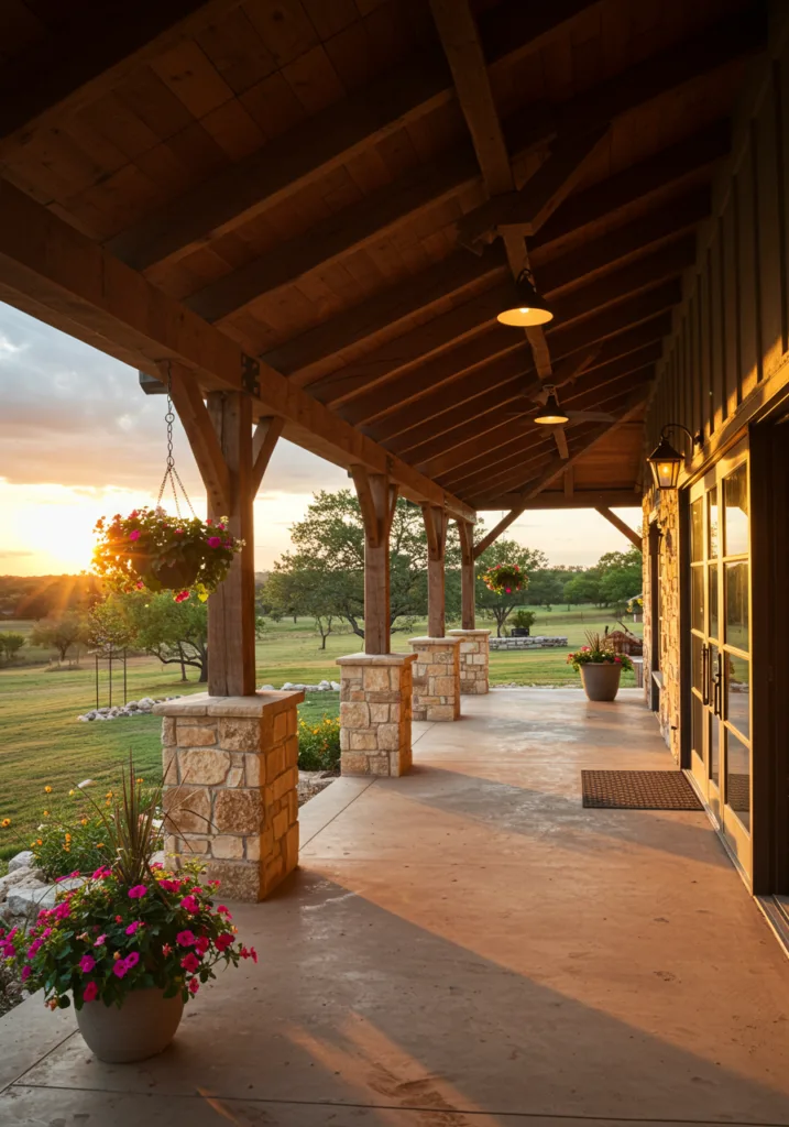 A barndominium porch with wooden beams and stone columns.