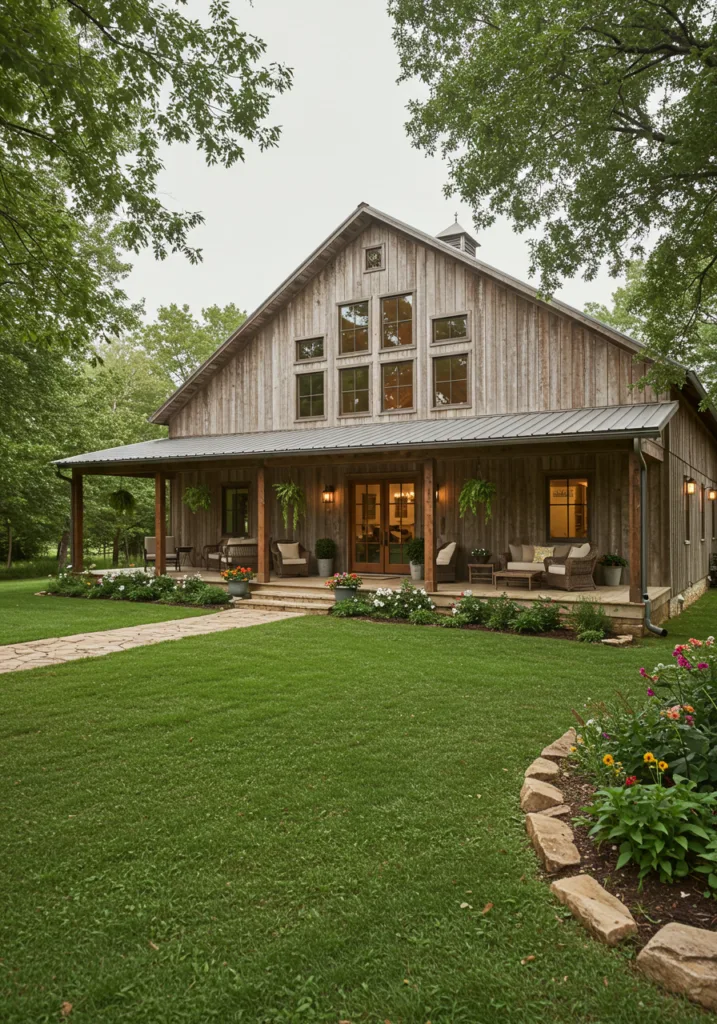Interior view of a cozy barndominium with wooden walls and a warm atmosphere