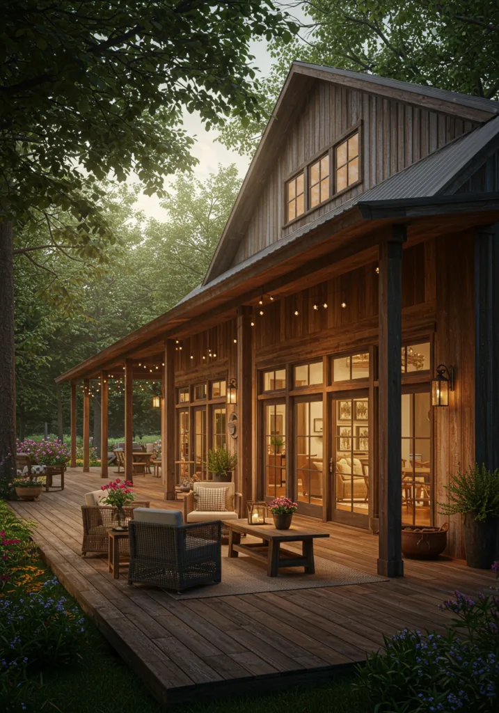 Beautiful barndominium porch with autumn decorations and colorful flowers