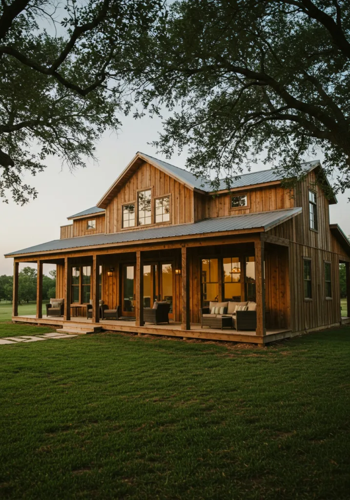 Barndominium with a wrap-around porch featuring cozy seating and warm lighting.