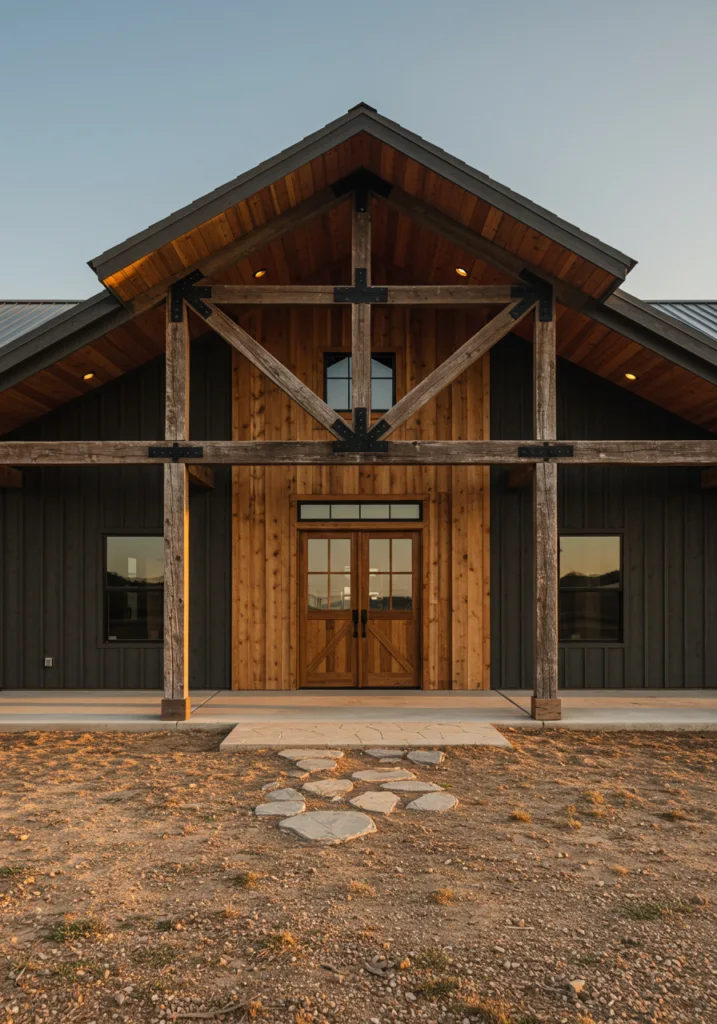 A barndominium with a wrap-around porch featuring wooden beams and a welcoming entry.