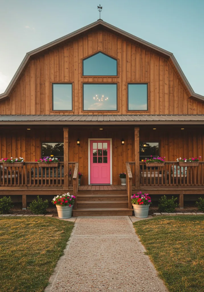 A colorful barndominium with a wrap-around porch featuring a pink door and vibrant flower pots.