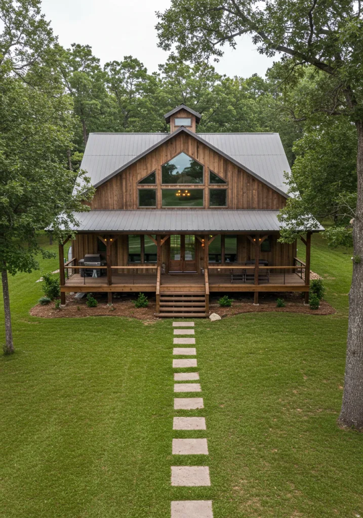 Welcoming entrance of a barndominium with a wrap-around porch featuring a black door, cozy seating, and welcoming doormats.